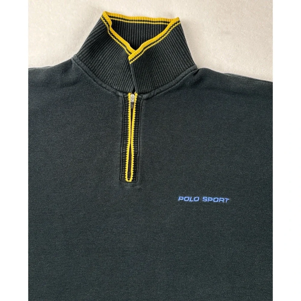 Polo Sport Ralph Lauren‎ Quarter Zip Pullover Green Yellow Waffle Knit Size M